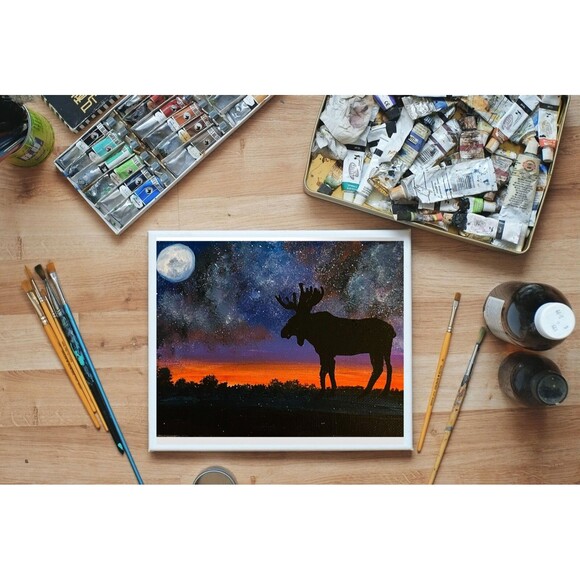 Elk Painting Starry Night Galaxy Art 5x7" Original Fine Art Hardboard Oil - Picture 8 of 8